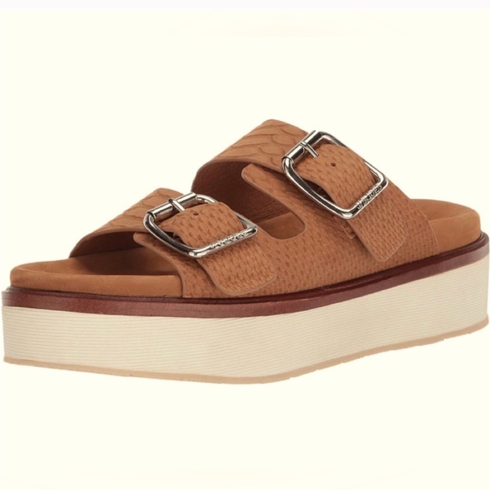 NWT J/SLIDES BOWIE Tan Embossed Leather Sandal - Picture 2 of 12